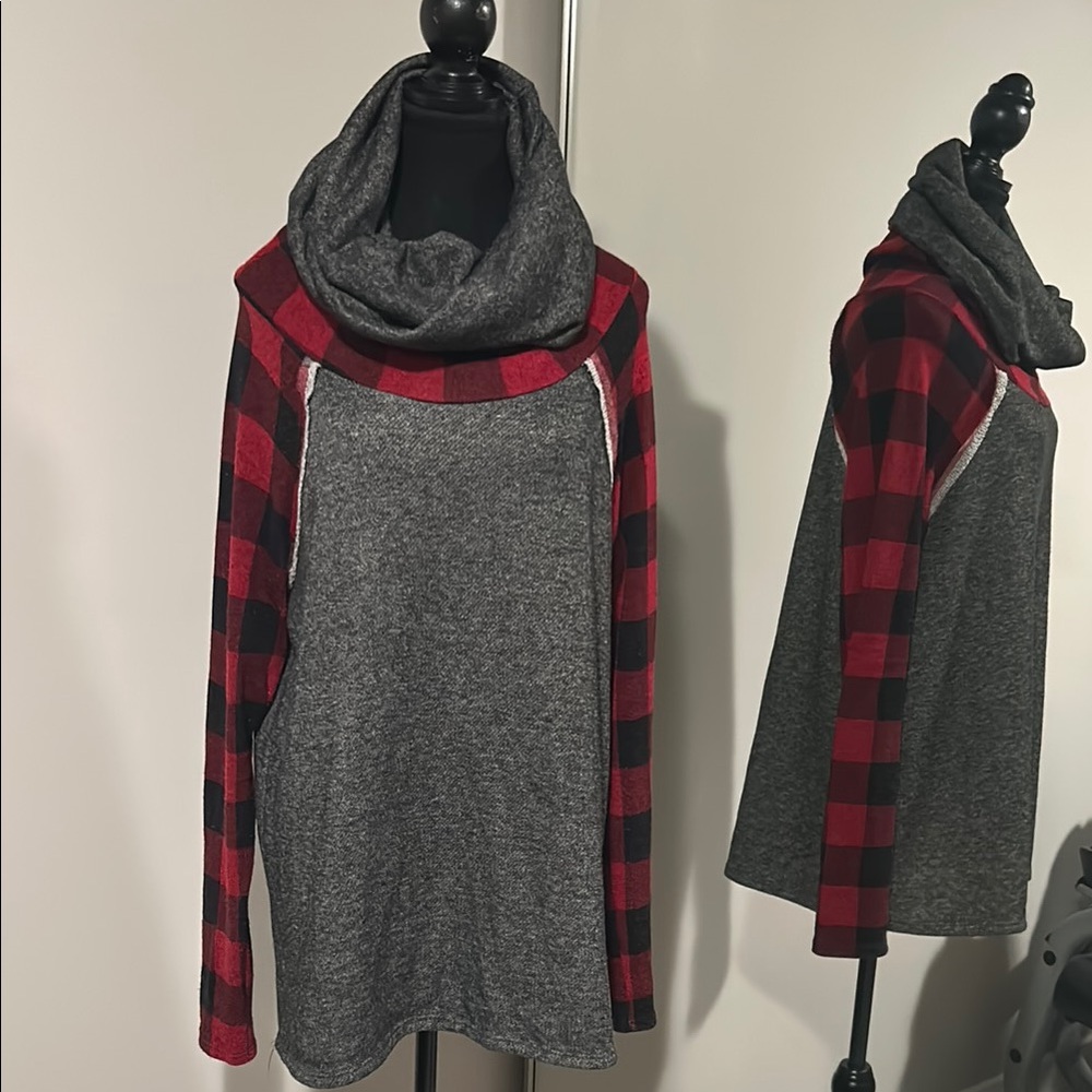Cozy Grey & Red Plaid Cowl Neck Women's Sweater